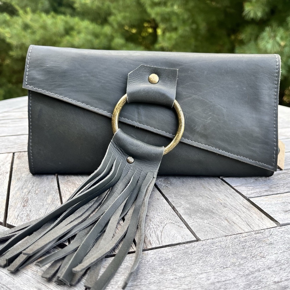 Lisa Leonard Leather Fringe Clutch Olive Green Brass Ring Studs Wallet Organizer